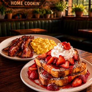 Strawberry Shortcake French Toast w/ Meat & Eggs