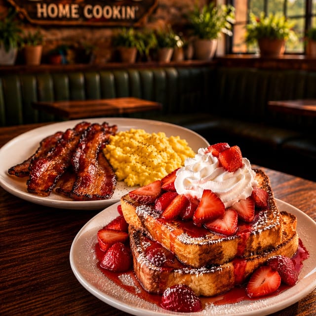 Strawberry Shortcake French Toast w/ Meat & Eggs.