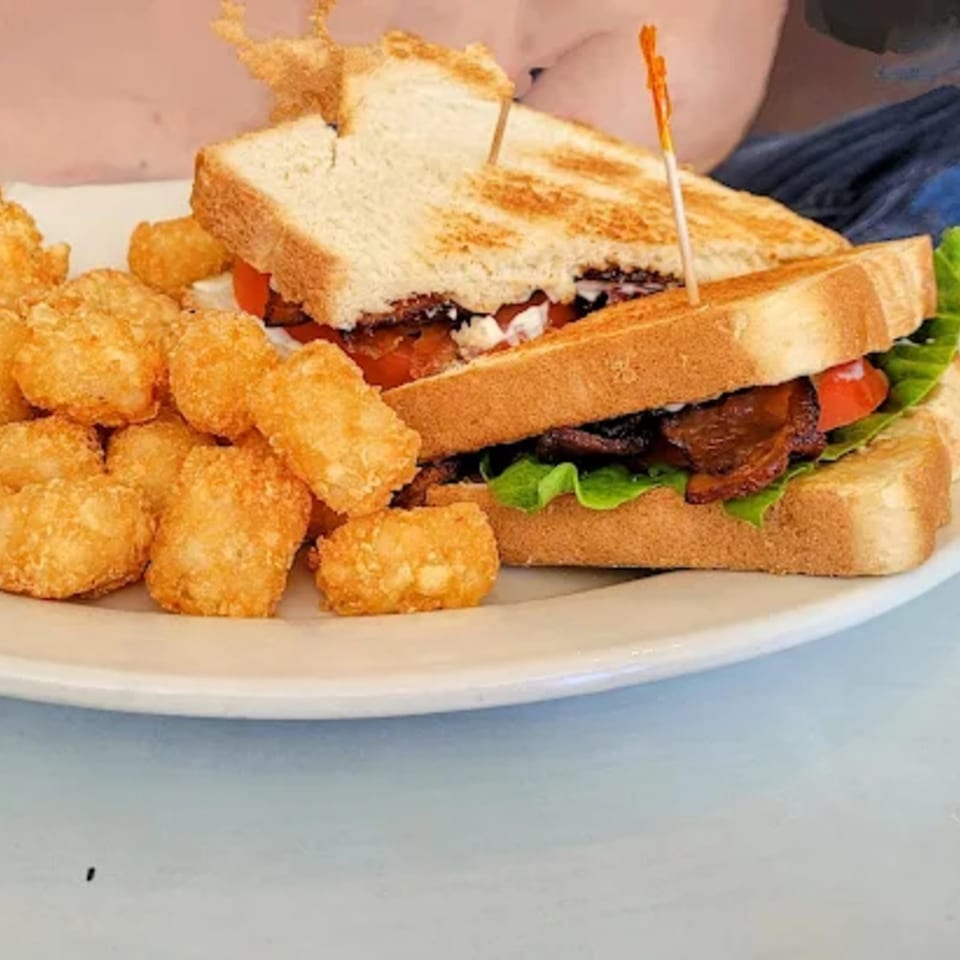 A toasted club sandwich with bacon, lettuce, and tomato, served with a side of tater tots.