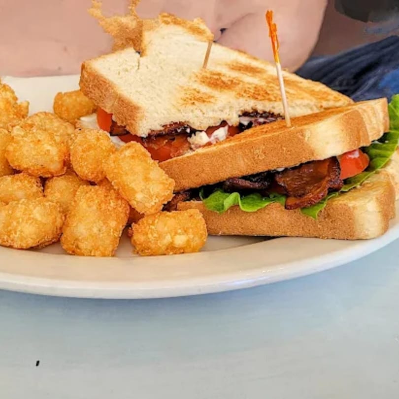 A toasted club sandwich with bacon, lettuce, and tomato, served with a side of tater tots.