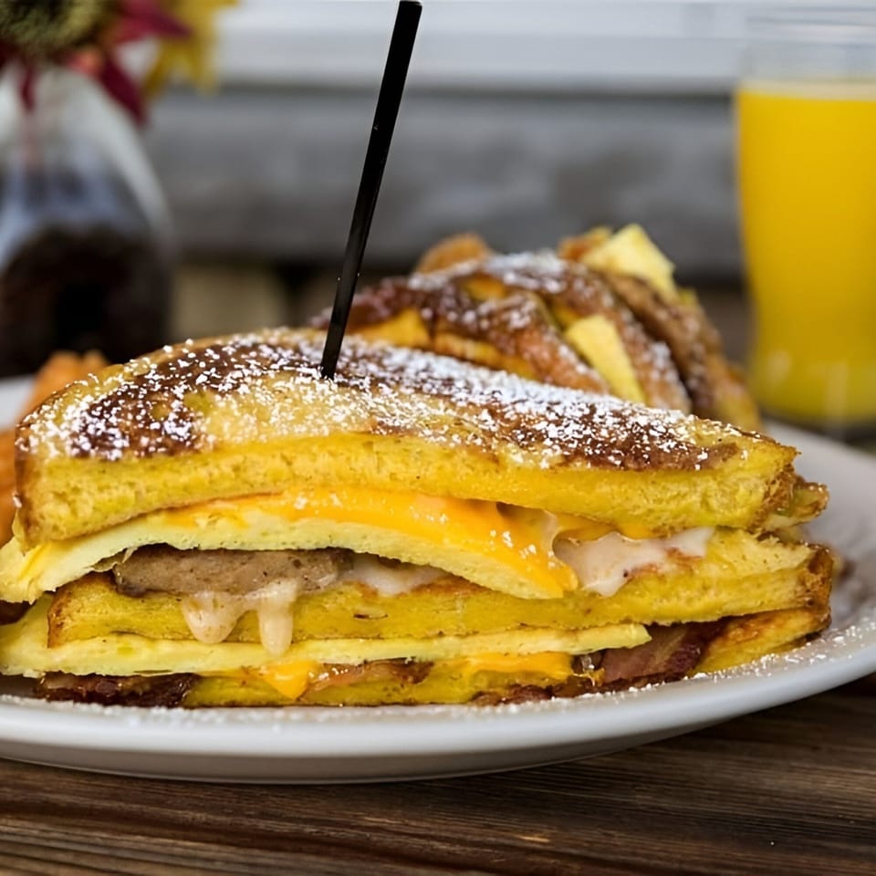 A French toast sandwich with eggs, sausage, bacon, and cheese, dusted with powdered sugar.